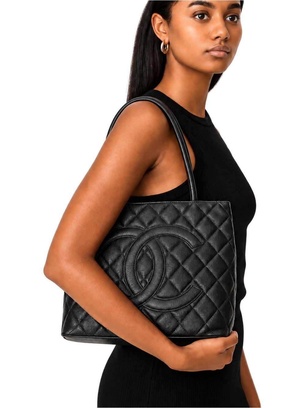 CHANEL Black Vintage CC Logo Caviar Leather Quilted Medallion Tote Bag